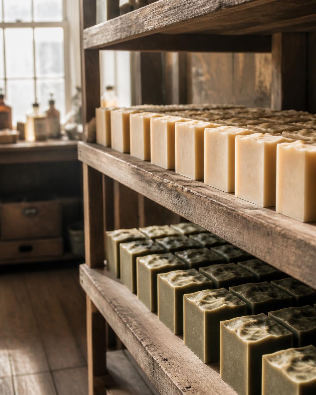 Rows of freshly cut Element Soap bars curing on open wooden racks